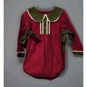 Little Bird Co. Boutique Bubble Romper Burgundy Green Lace Bow Size
